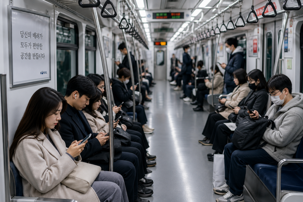 korean-social-culture-for-foreigners-subway Passengers quietly riding a Seoul subway, reflecting Korean social culture for foreigners and public etiquette in Korea