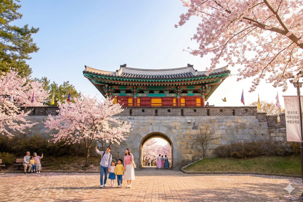 korean-spring-family-travel-suwon-hwaseong A vibrant photograph of the traditional Korean fortress gate, Suwon Hwaseong's Changnyongmun (near Seoul), surrounded by blooming pink cherry blossom trees on a clear spring day. In the foreground plaza, a young family of four takes a selfie, while grandparents sit with a grandchild on a nearby bench, capturing the perfect moment of their seoul spring family trip. Through the arched gate, more cherry blossoms and people in traditional Hanbok can be seen.