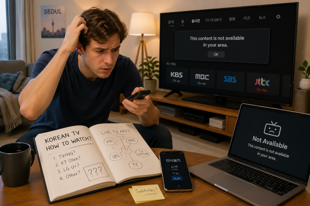 korean-tv-no-signal-problem-foreigners An international couple enjoying a popular Korean drama with English subtitles on a massive smart TV in a modern Seoul apartment. They are smiling, demonstrating the successful use of the Watching Korean TV Guide for Foreigners to access the latest K-content circuit in 2026.