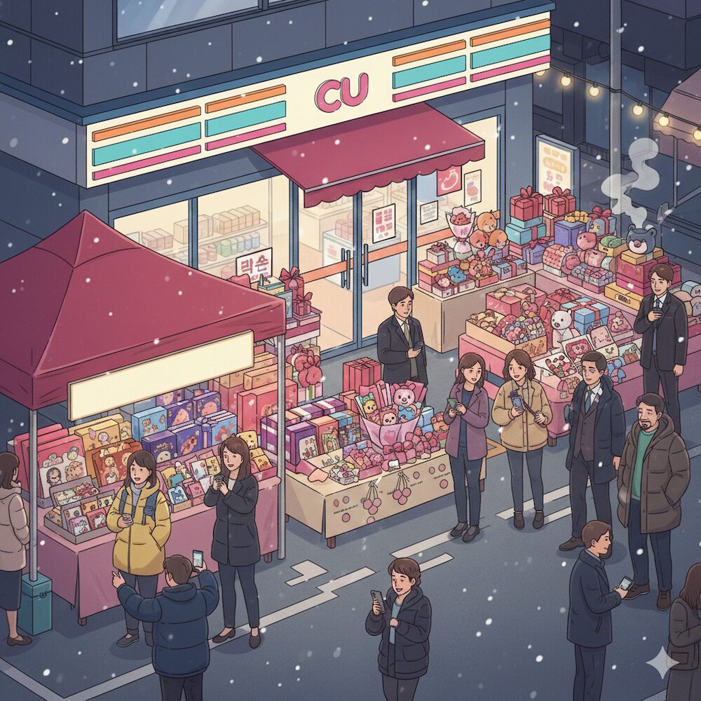 korean-valentines-day-traditions-cu-convenience-store An illustration of Korean Valentine's Day Traditions showing a CU convenience store with outdoor gift displays and people picking out chocolates.