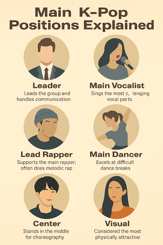 kpop-group-positions-explained “Infographic explaining main K-pop group positions such as leader, main vocalist, lead rapper, main dancer, center, and visual with simple illustrated icons.”