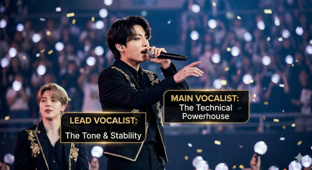 kpop-vocal-positions-explained-on-stage A professional stage photo explaining the difference between a Main vs Lead Vocalist K-pop during a live concert.