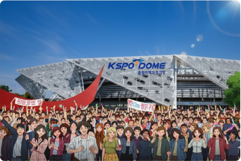 kspo-dome-stadium-concert-olympic-park-seoul-concert-guide An animated illustration of KSPO DOME stadium packed with a massive crowd of international fans, a key location in our Olympic Park Seoul Concert Guide.