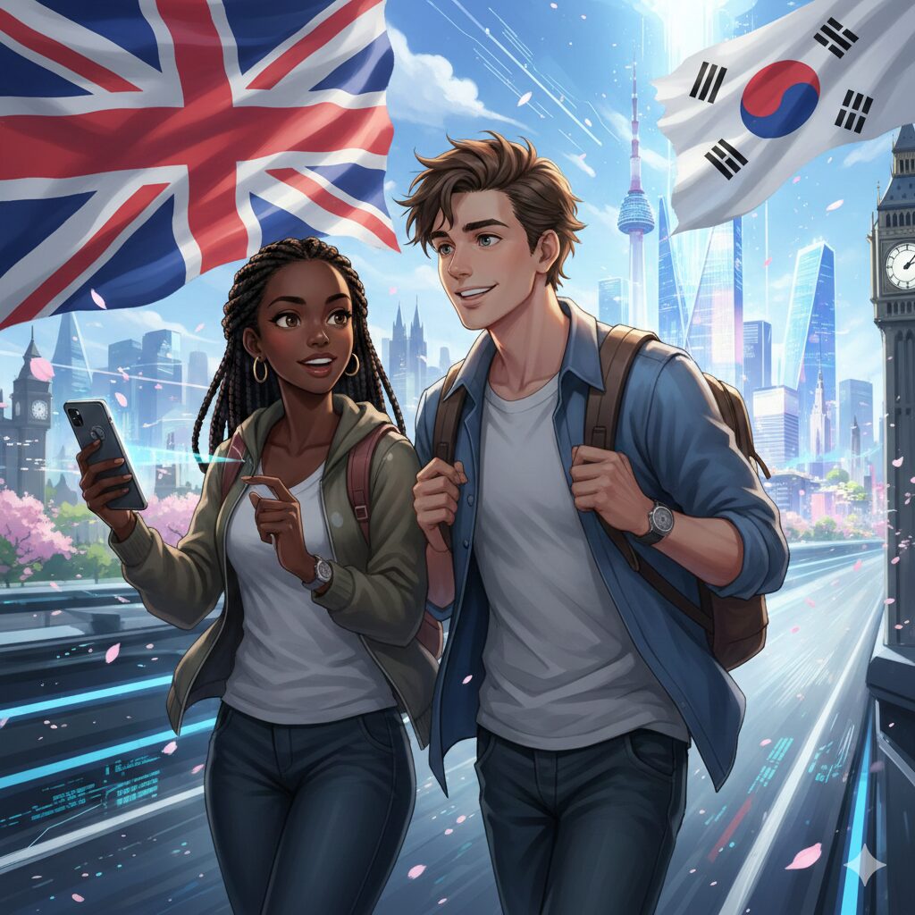 londoners-seoul-winter-escape-animation An animation of a Black woman and a White man traveling from London to South Korea, featuring the UK and South Korean flags to highlight **why Seoul is the best winter escape for Londoners in 2026**.