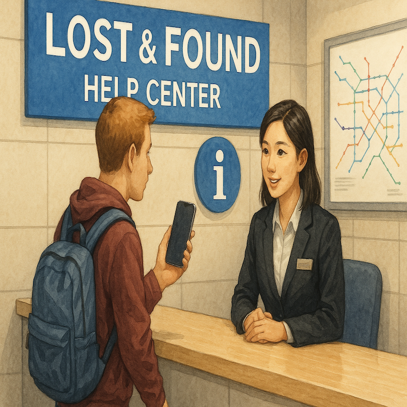“A foreign traveler reporting a lost item to a Korean staff member at a subway Lost & Found help desk in Seoul, symbolizing Korea’s organized lost item recovery system.”
