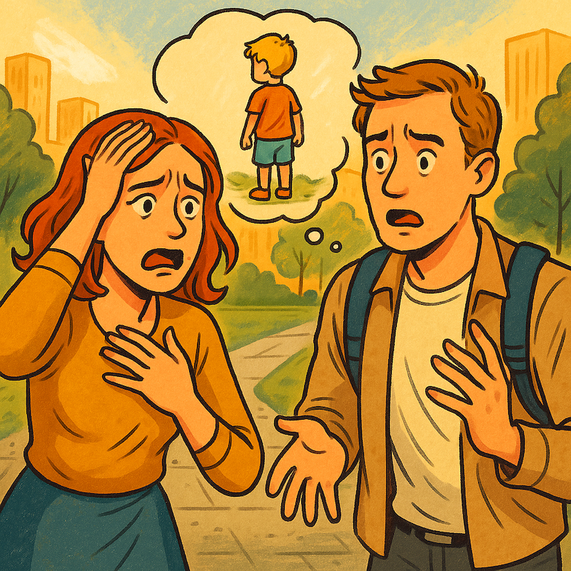 “An animated illustration showing a foreign couple panicking after losing their child in a park in Seoul, expressing worry and urgency in a public setting.”