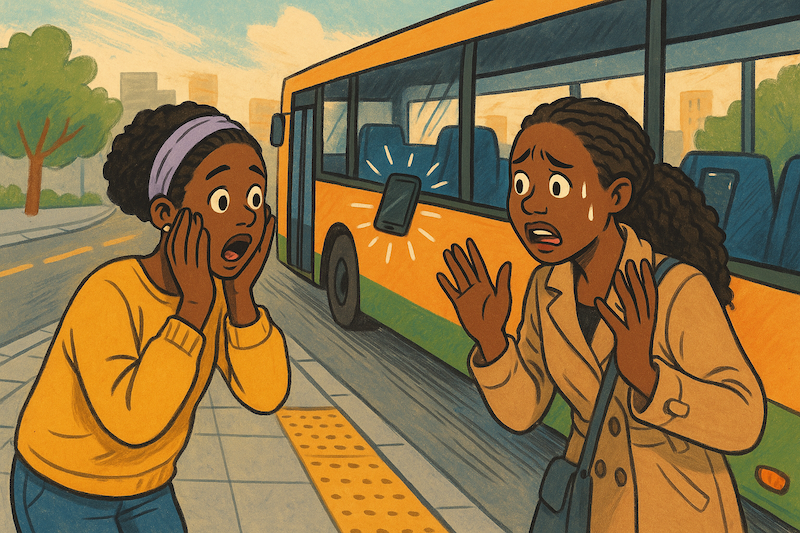 “An animated illustration of two women at a Seoul bus stop panicking after realizing they left their smartphone on a departing city bus.”