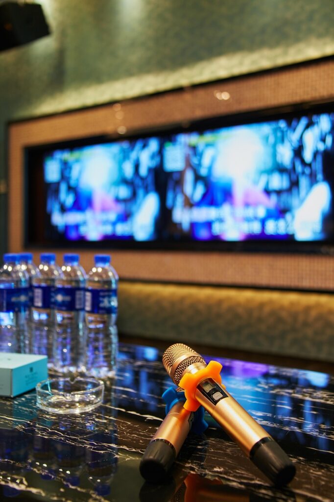 A luxury noraebang interior in Korea with comfortable seating, mood lighting, and a high-quality sound system.