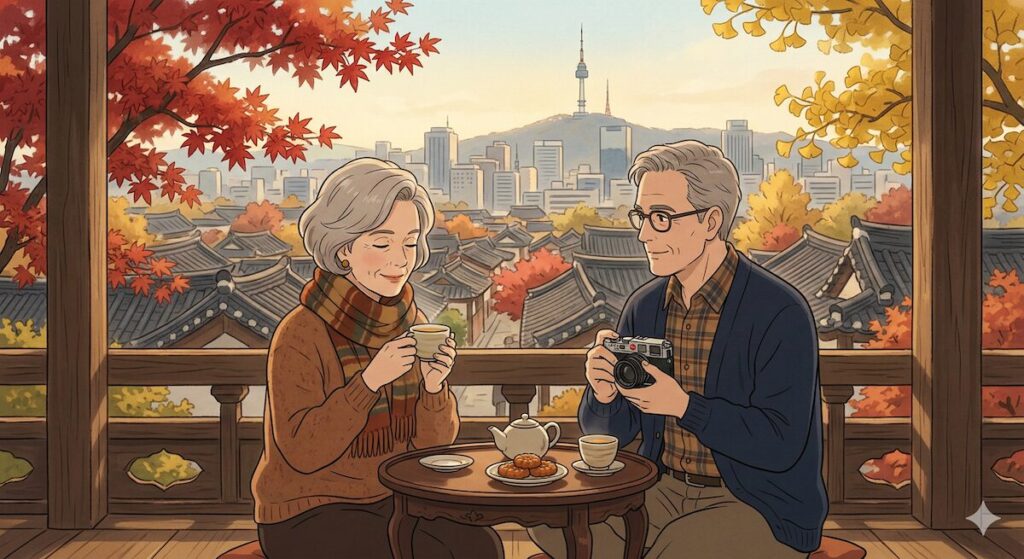 luxury-korea-travel-for-seniors-animated-ritual A cinematic animation of an elegant senior couple enjoying a tea ceremony at a Hanok in Bukchon, overlooking the Seoul skyline, perfectly illustrating Luxury Korea Travel for Seniors.