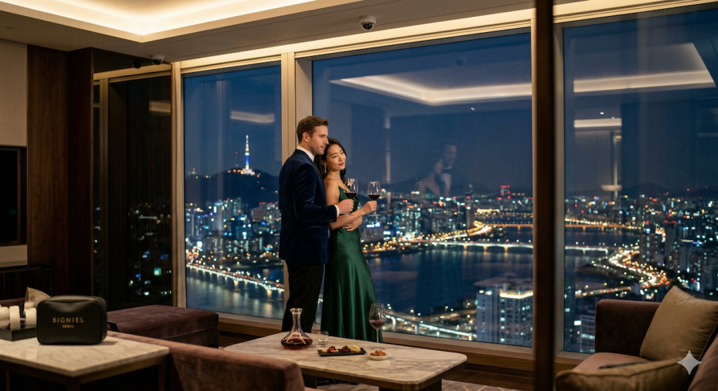luxury-travel-seoul-vvip-couple-signiel-royal-suite-night-view A high-profile couple enjoying red wine in the Royal Suite at Signiel Seoul, looking over the 2026 night view as part of their luxury travel seoul experience in the Lotte World Tower.