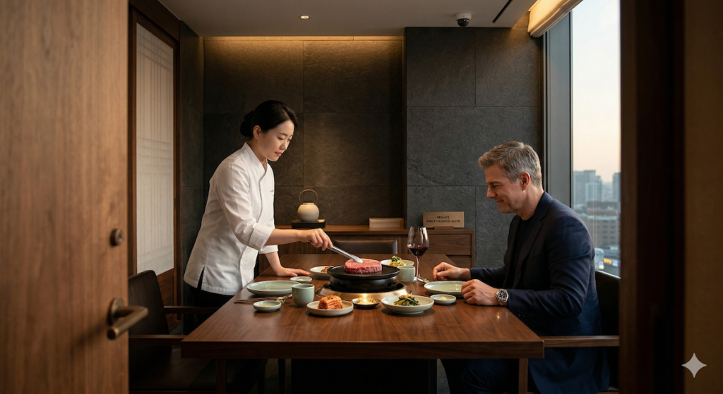 A private BMS 9 Hanwoo omakase dining room in a luxury travel seoul hotel suite where a professional chef prepares premium steak for a VVIP guest, showcasing the pinnacle of isolated luxury travel seoul experiences.