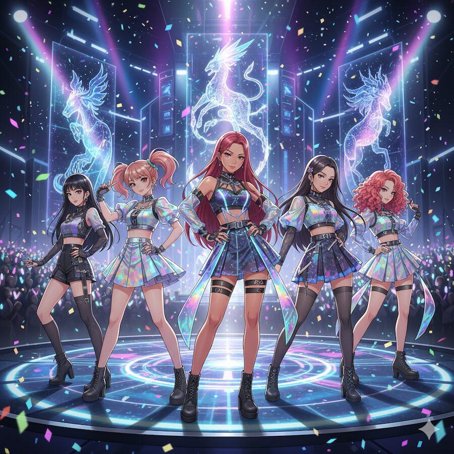 A group of diverse K-pop global icons with different nationalities performing on a high-tech stage in a vibrant anime style.