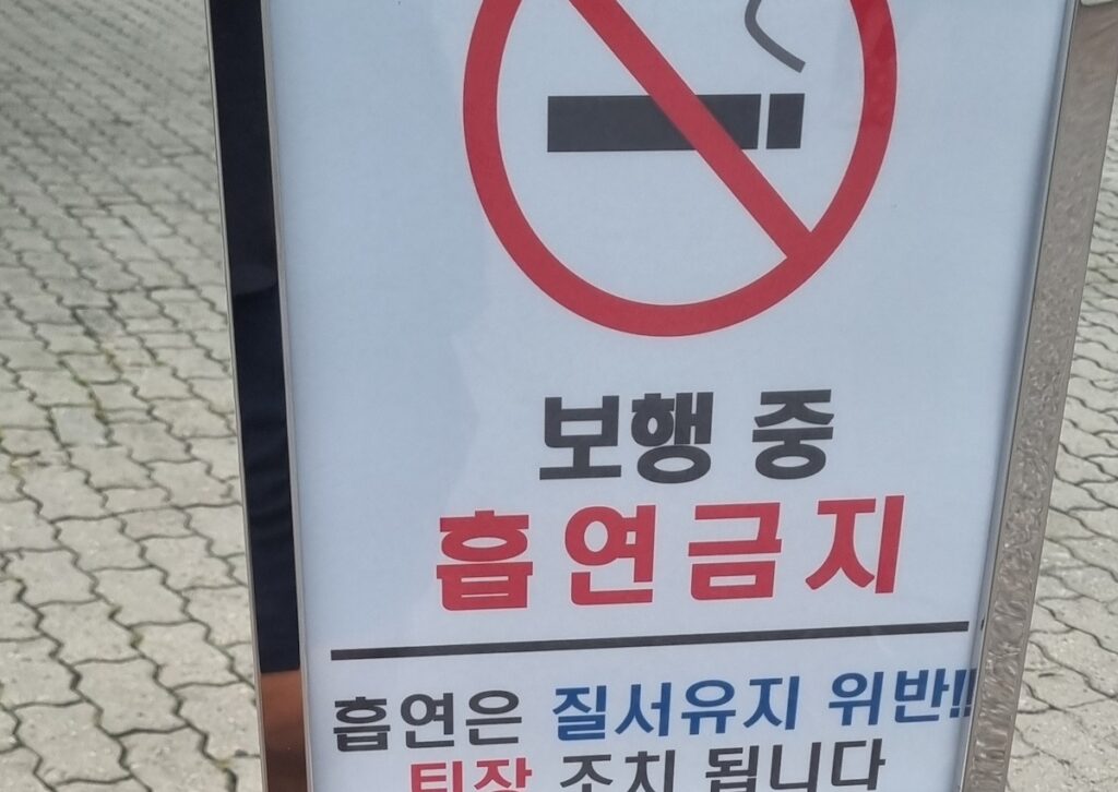no-smoking-walking-seoul-street-smoking-ban-sign no smoking while walking sign in seoul street showing strict public smoking rules in korea