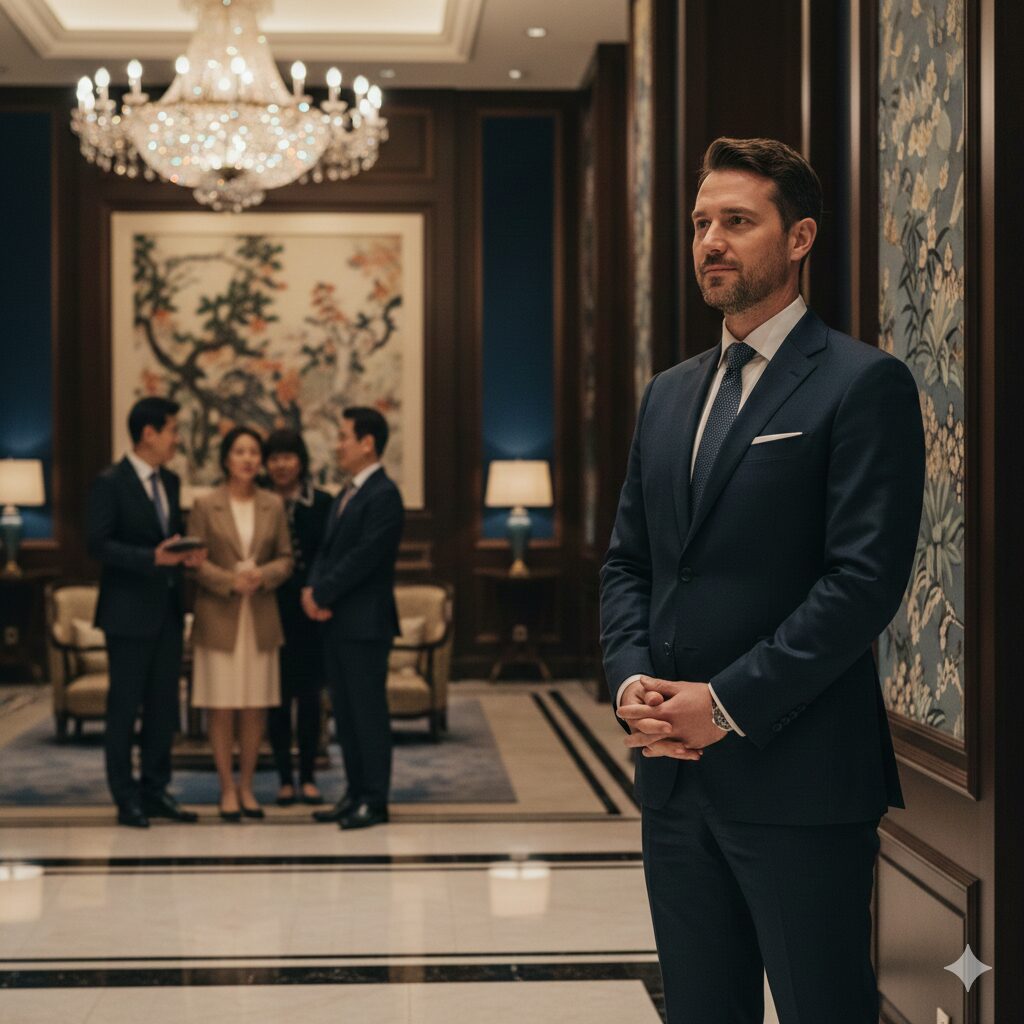 Nunchi Culture in Seoul for Luxury Travelers portrayed through a stylized 3D animation character observing the social atmosphere of a grand hotel lobby.