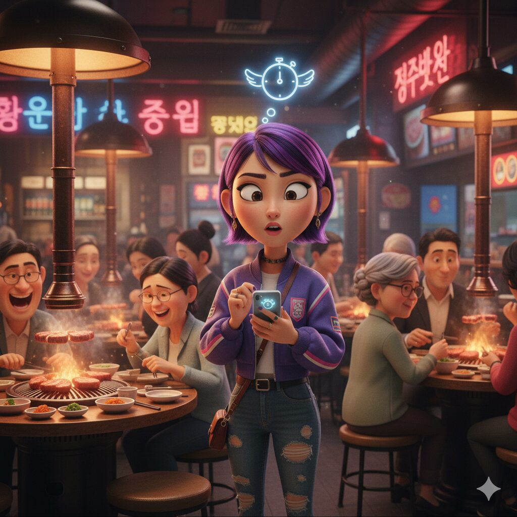 nunchi-culture-in-seoul-for-luxury-travelers-korean-bbq Nunchi Culture in Seoul for Luxury Travelers illustrated by a modern traveler sensing the energetic atmosphere of a crowded Korean BBQ restaurant with 4050 generation diners.