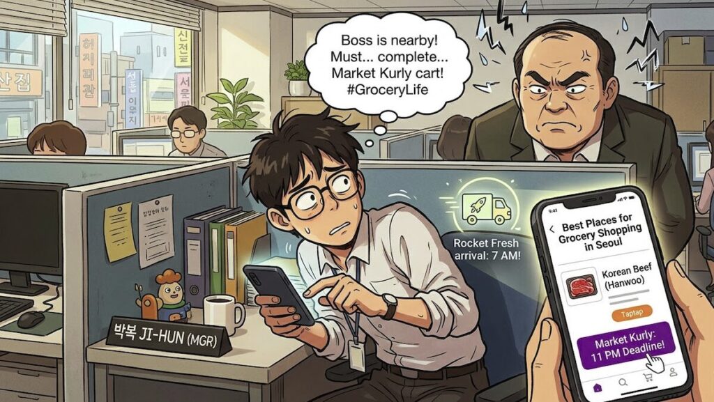 Best Places for Grocery Shopping in Seoul for expats using Market Kurly and Coupang apps while avoiding the boss at the office.