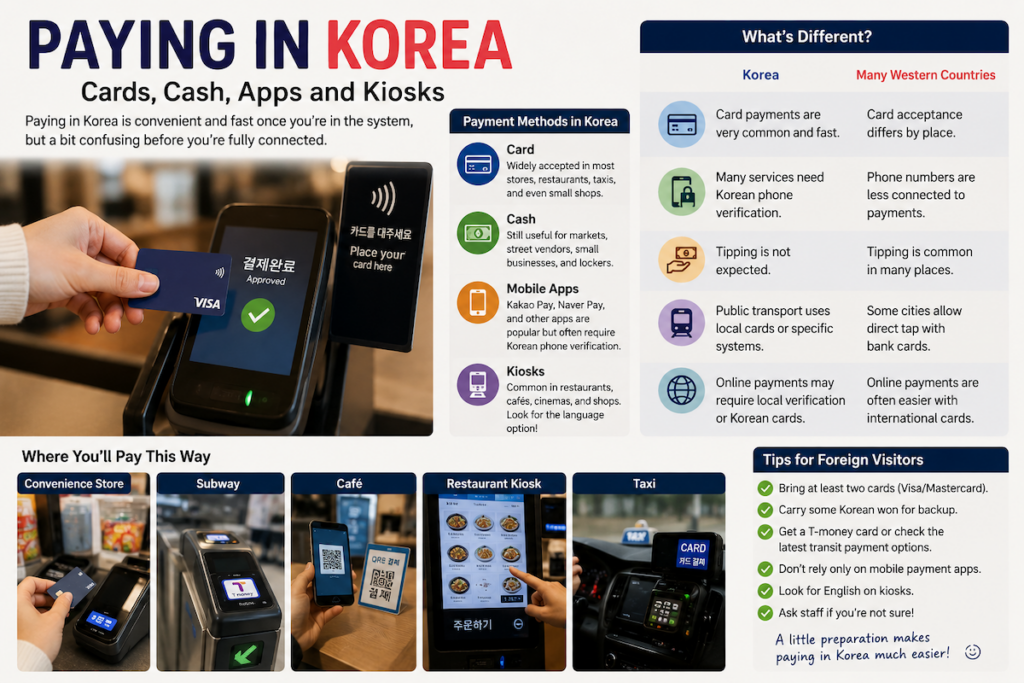 Paying in Korea guide showing cards, cash, mobile apps, kiosks, transit payments, and tips for foreign visitors