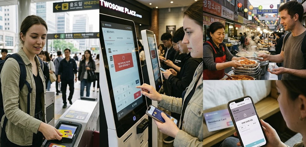 paying-in-korea-foreigner-experience-convenience-vs-barrier A multi-panel photograph illustrating the dual payment experience for a foreigner in Seoul. Left panel shows smooth T-money transit payment. Right panel displays cash use at a traditional market. Bottom panel captures confusion at a complex kiosk due to language and phone verification barriers.
