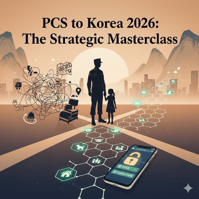 A strategic guide for US military families preparing for their PCS to Korea, illustrating essential packing tips for furniture and electronics.