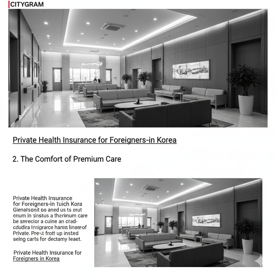 A cinematic black and white shot of a luxury hospital lounge representing the premium Private Health Insurance for Foreigners in Korea ritual.