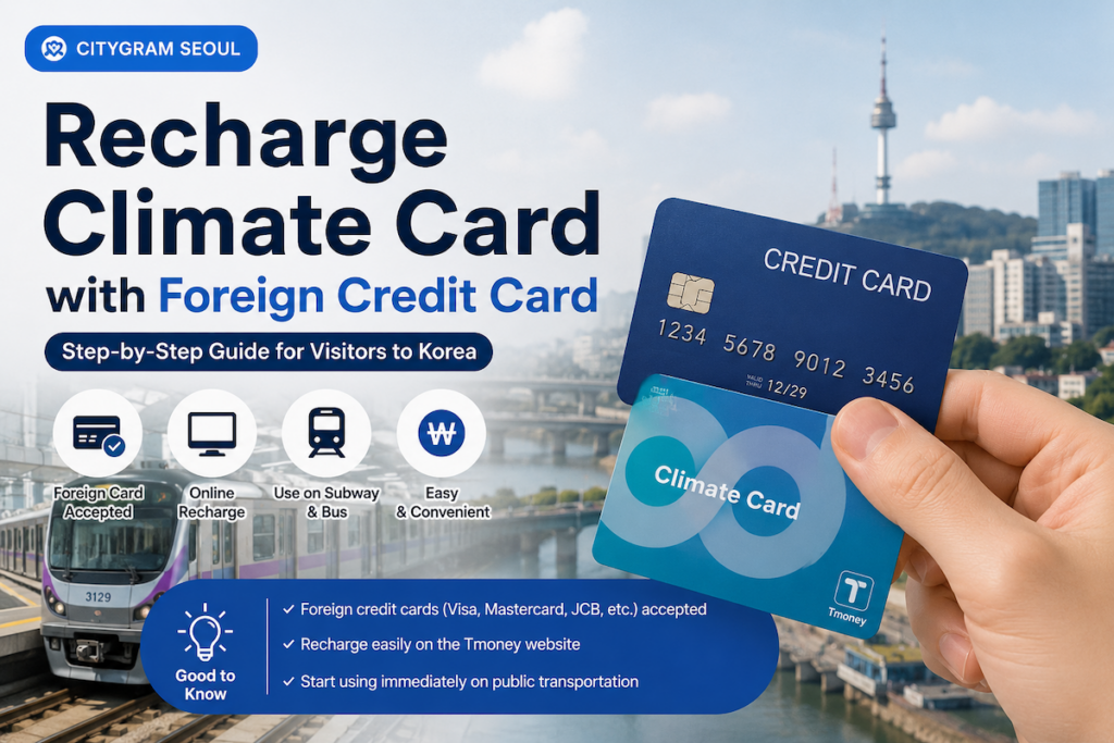 Recharge Climate Card with Foreign Credit Card guide image showing Seoul public transportation, a climate card, and a foreign credit card for tourists in Korea