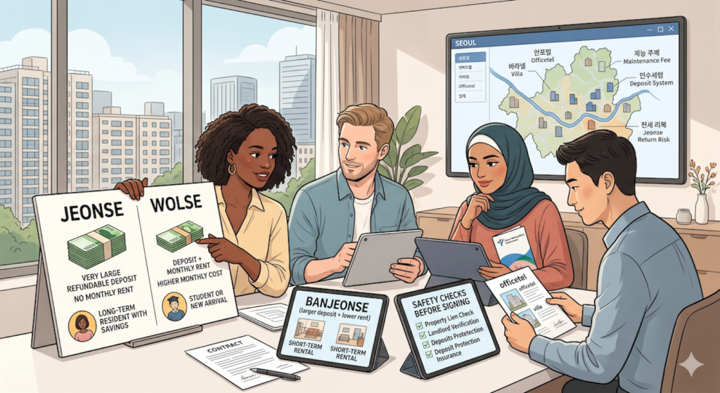Illustration explaining jeonse, wolse, banjeonse, and safety checks for foreigners renting an apartment in Seoul