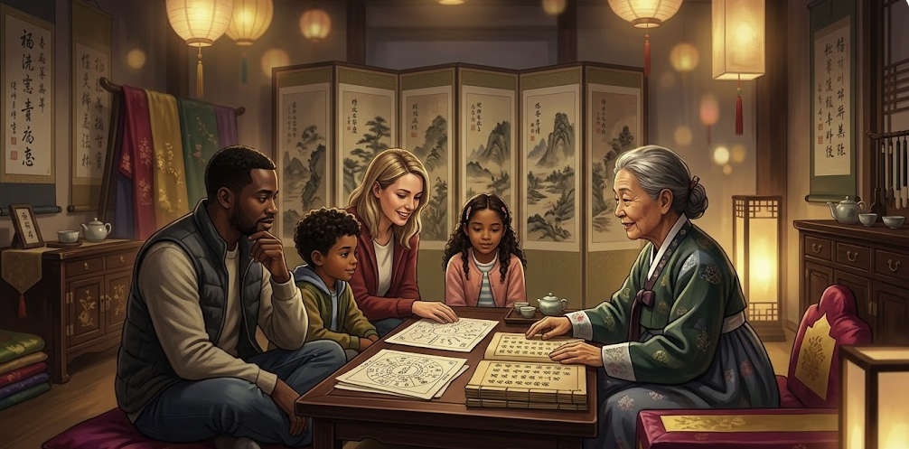 saju-and-tarot-in-seoul-family-saju-reading Foreign family receiving a saju reading in Seoul from a traditional Korean fortune teller