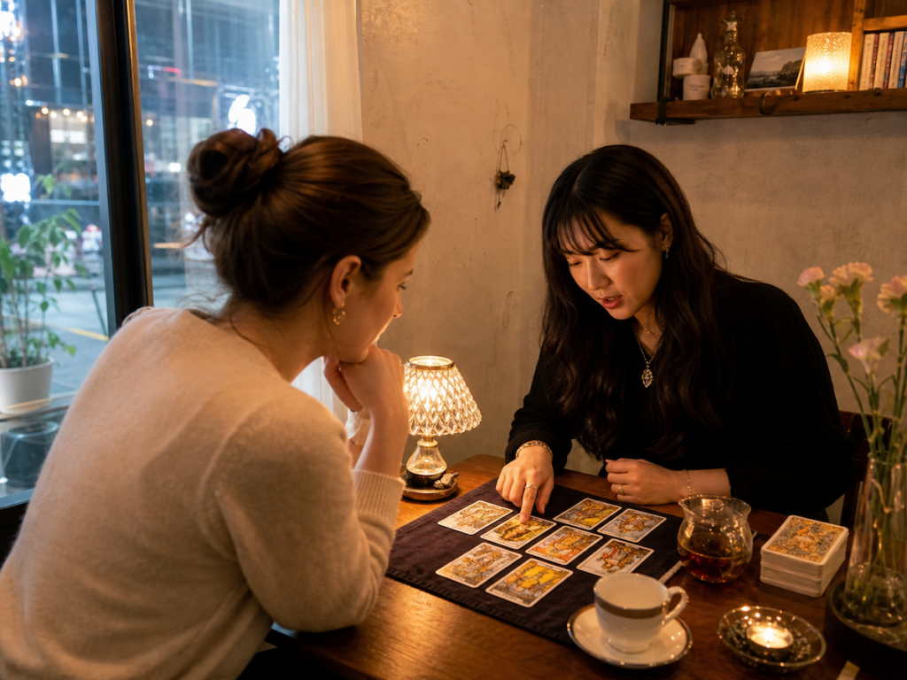 saju-and-tarot-in-seoul-tarot-reading-cafe Foreign visitor getting a tarot reading in Seoul at a cozy Korean fortune-telling cafe