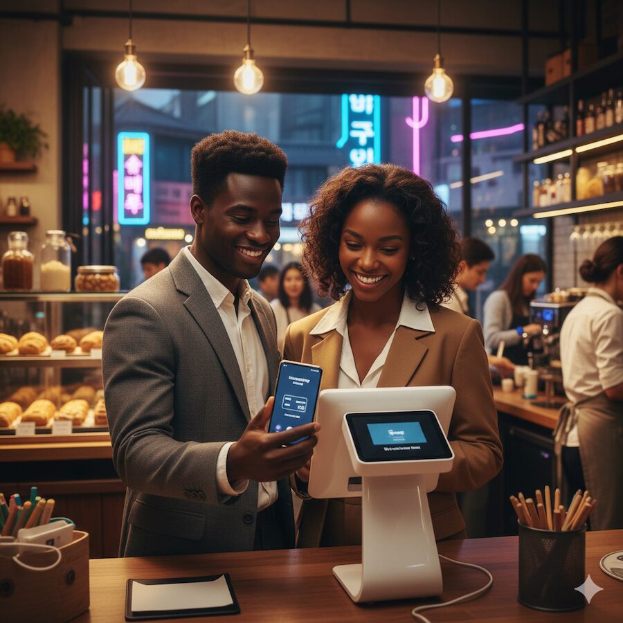 samsung-pay-korea-for-foreigners-contactless A smartphone connected to a Korea Credit Card for Foreigners via Samsung Pay at a local store.