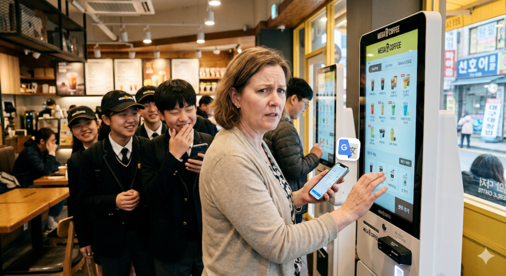self-service-kiosks-in-korea-guide A confused foreign woman attempts to use a Mega Coffee self-service kiosk in Korea, while a line of student-digital natives waits behind her in Seoul.
