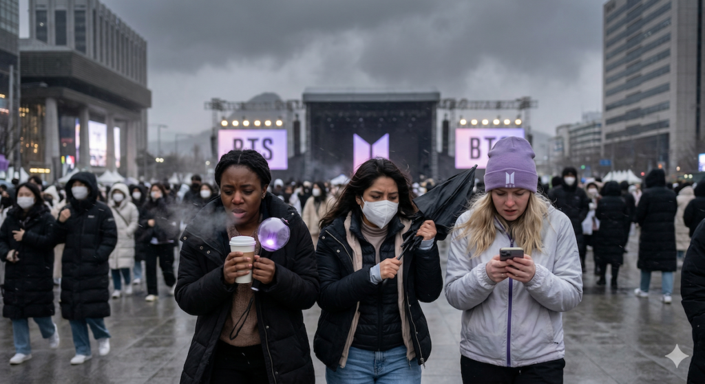 seoul-bts-concert-weather-severe-surge-army-3 A high-quality photorealistic photograph taken late on a grey, cold fine-dust day at the Seoul BTS concert location 2026 at Gwanghwamun Square. Three young foreign women (Latina, Black, White) from dynamic cities are visibly struggling against the 2°C building wind and dust. Maria (Latina) has her KF94 mask slightly askew while Sarah (Black) shivers and grips a frozen cup of tea. Chloe (White) attempts to view an offline map on her phone, but her hands are too cold to function. They are wearing thin windbreakers and layers that are clearly insufficient for the harsh March 21st conditions, their faces red with cold distress. In the blurred background, large illuminated BTS graphics are seen among a dense, massive crowd, perfectly illustrating the physical ordeal and the critical importance of a tactical layering ritual.
