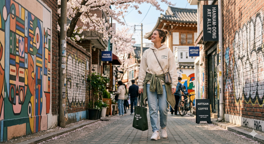 seoul-glow-up-solo-female-hannam-casual-aestheti A chic solo female traveler exploring a vibrant art alley in Hannam-dong, Seoul, on a sunny spring afternoon, Tuesday, March 31, 2026. She wears an oversized cream hoodie (with "HANNAM ART COLLECTIVE" logo), light denim jeans, and white sneakers, with an olive windbreaker tied around her waist. She smiles while looking at colorful murals against brick walls. The alley is alive with indie boutiques, a cafe, pedestrians, and cherry blossoms under a blue sky.