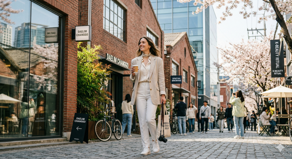 A chic solo female traveler walking through a stylish red brick and glass alleyway in Seongsu-dong, Seoul, on a sunny spring day, Tuesday, March 31, 2026. She wears a beige linen blazer, silk scarf, and carries a tote bag (with "SEOUL GLOW-UP 2026" text). The background features industrial cafes ("DAELIM CHANGGO," "SPATIAL BREWING"), high-tech architecture, pedestrians, bicycles, and cherry trees in bloom.