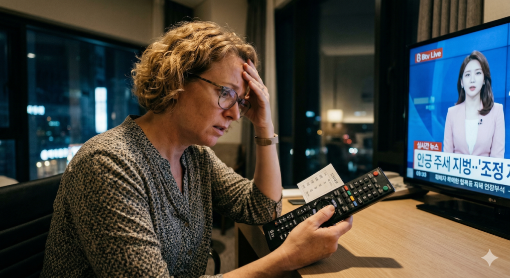 seoul-hotel-tv-remote-frustrated-40s-woman A frustrated 40-year-old Caucasian woman in a Seoul hotel room, struggling to find English Subtitles on Korean TV while holding a complex IPTV remote. She looks exhausted and confused by the Korean-only interface, highlighting the common challenge travelers face when trying to access English Subtitles on Korean TV in 2026. The scene captures the desperate need for a digital survival guide in South Korea.