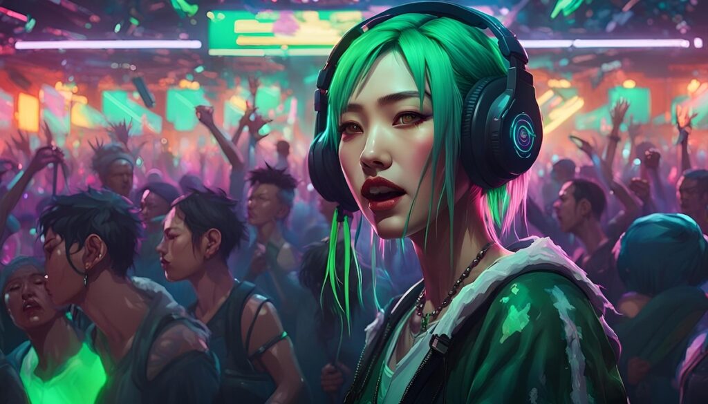 seoul-k-pop-media-culture-icons-concert A vibrant depiction of Seoul’s music and media culture, capturing the energy of Beyond the Stage icons and their fans.