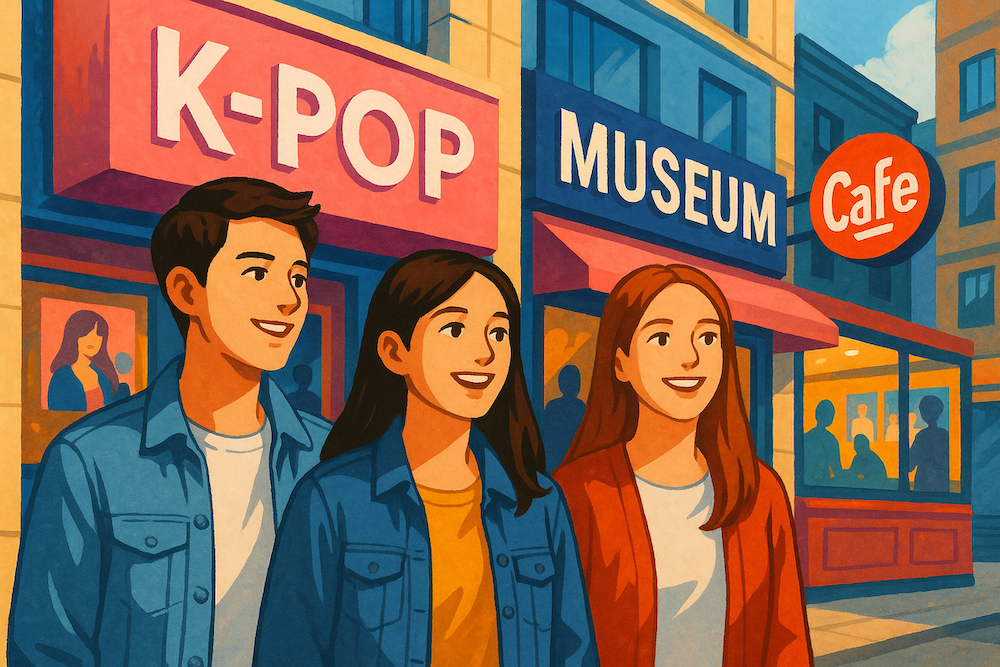 “Vibrant digital illustration of young travelers exploring a Seoul street filled with K-pop cafés, museums, and colorful signs, symbolizing Korea’s lively pop culture scene.”