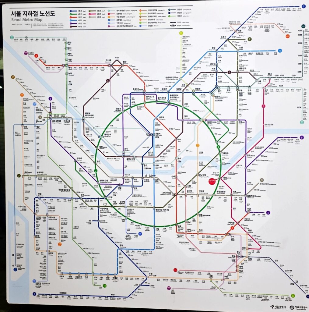 A complete map of the Seoul Metropolitan Subway network showing all major lines, including Line 2 highlighted in green.