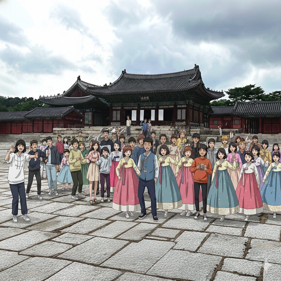 seoul-palace-guide-2026-vibrant-crowd-animation An anime-style illustration of a diverse crowd of people in modern and traditional Hanbok visiting a grand Joseon-style palace in Seoul, perfectly matching the **Seoul Palace Guide** 2026 mood.