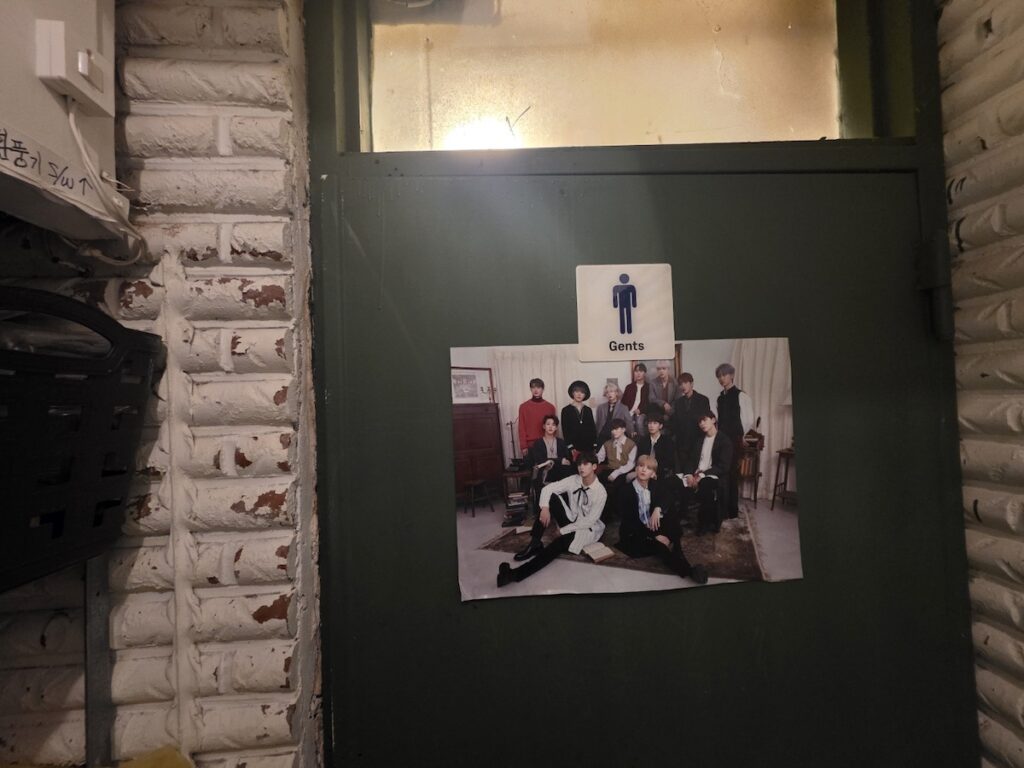 seoul-restroom-rituals-2026-kpop-idol-poster-iu A poster of K-pop star IU on a weathered restroom door, illustrating the unique pop culture blend in Seoul Restroom Rituals 2026.