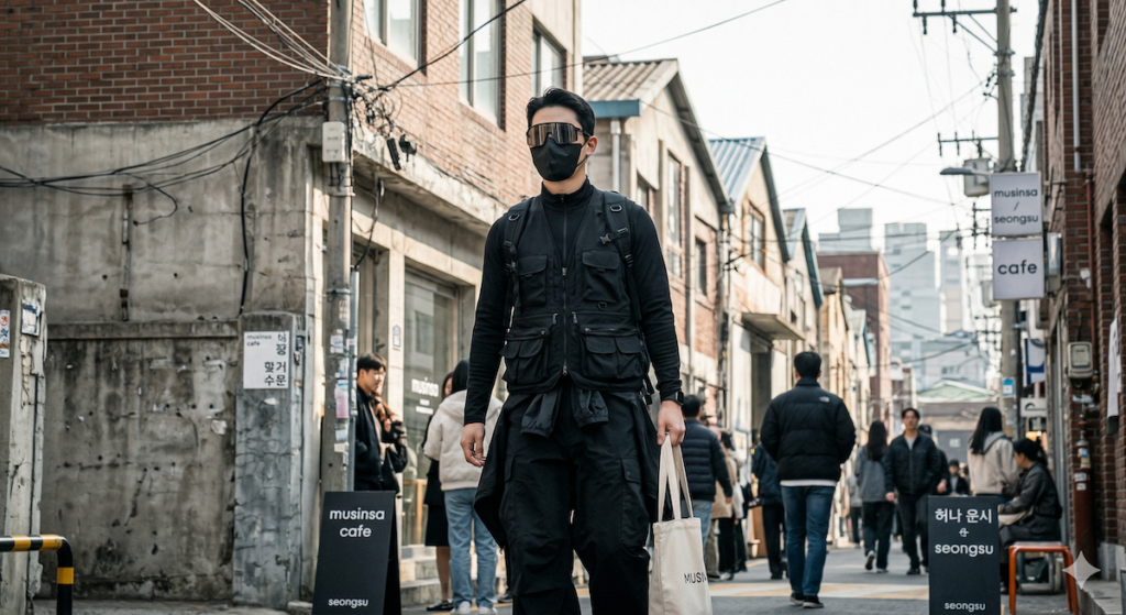seoul-spring-men-fashion-2026-gorpcore-seongsu A professional street photograph of a stylish man in Seongsu-dong, Seoul, wearing a realistic Seoul Spring Outfit 2026 for a 15°C diurnal gap, featuring a lightweight technical nylon windbreaker over a breathable base layer, technical cargo pants, a black KF94 mask, and sunglasses. He carries a compact shopping tote. The background features authentic Seongsu-dong industrial cafe textures and layered pedestrians.
