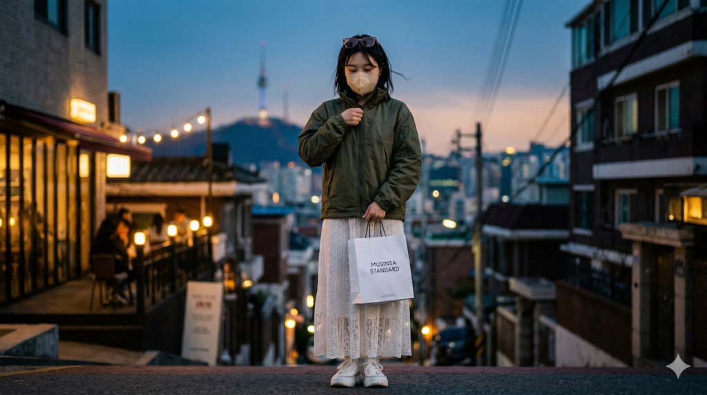 A trendy woman in Hannam-dong, Seoul, wearing a 2026 soft utility outfit with a white lace skirt and an oversized beige technical jacket, zipping up against the sunset chill.