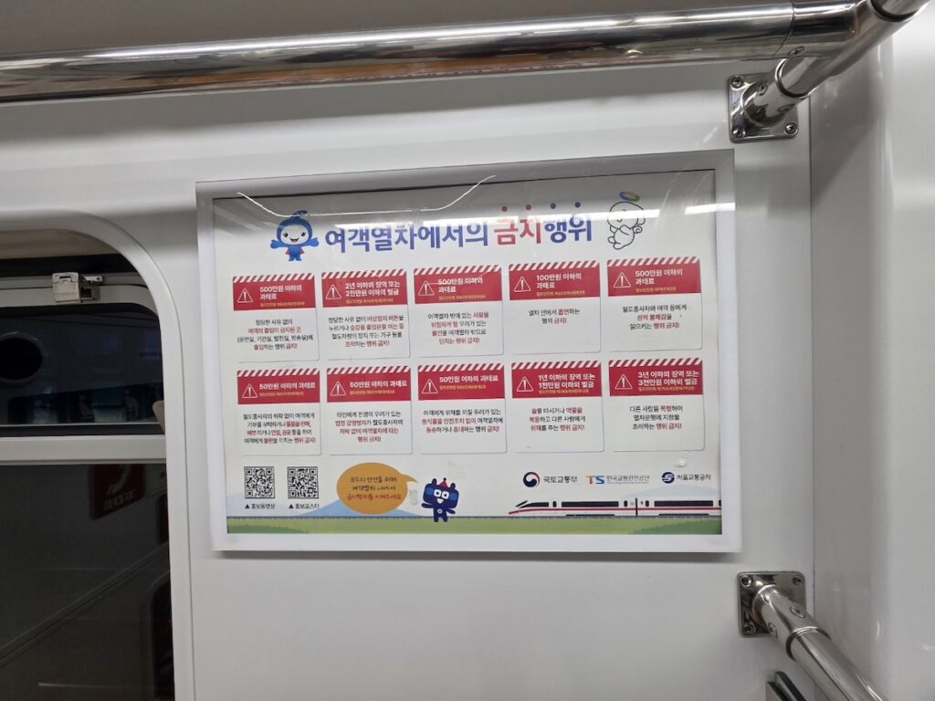 An official poster of prohibited acts and fines in a Seoul subway train, providing essential info on Seoul Subway Rules and Fines.