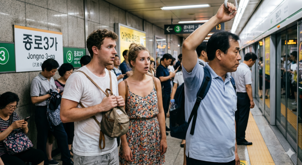 seoul-summer-travel-subway-culture-shock A foreign tourist couple showing surprise while looking at a Korean commuter's visible underarm sweat stains in a crowded Seoul subway station during the hot summer. The station sign for 'Jongno 3-ga' is visible in the background.