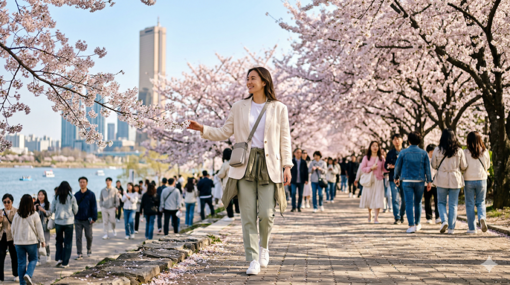 A vibrant real-time photograph capturing a sophisticated solo female traveler exploring a fully bloomed cherry blossom path in Yeouido, Seoul, on Tuesday, March 31, 2026, used as the representative image for the seoul weather in april 2026 what to pack guide. She wears an oversized cream linen blazer and carries a practical Harness Bag (a 2026 trend) amidst a lively crowd under a clear blue sky.