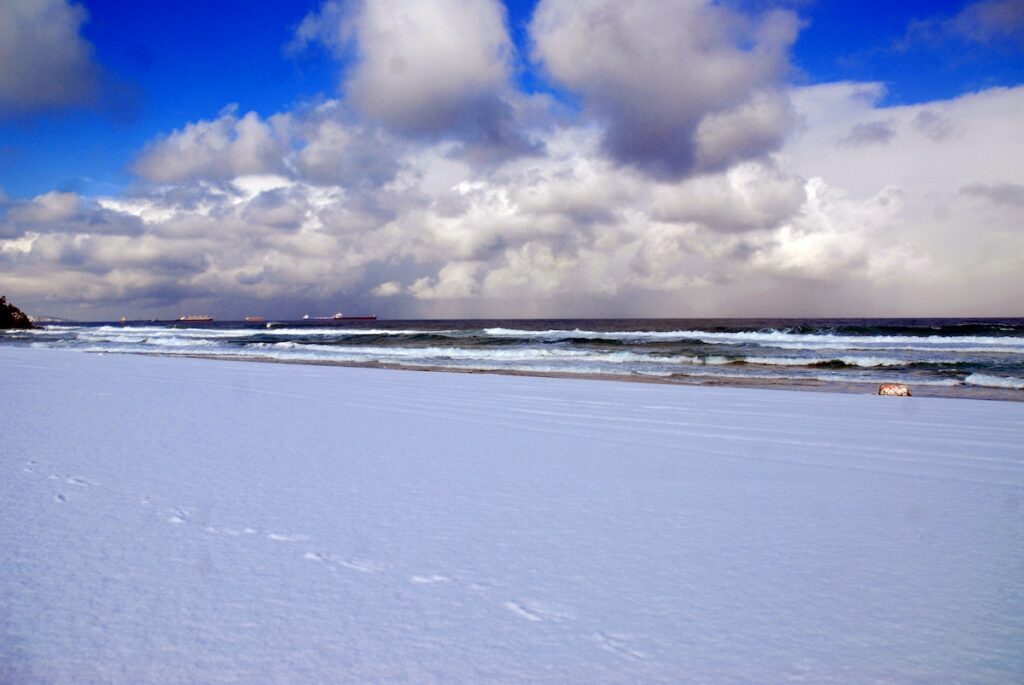 A breathtaking view of the deep blue East Sea in Donghae City, South Korea, with white snow covering the sandy beach and coastal rocks after a heavy winter snowfall.