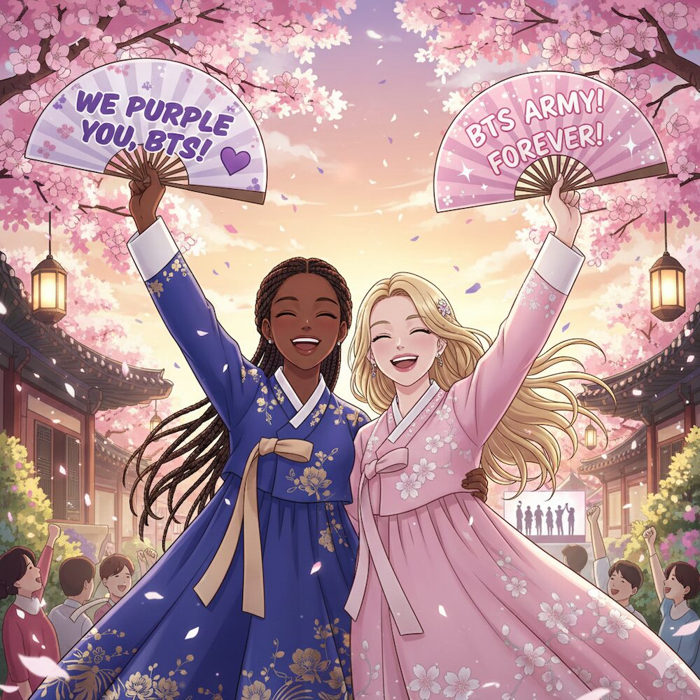 Diverse fans in Hanbok celebrating at one of the best spring K-pop filming locations in Korea with BTS support fans.