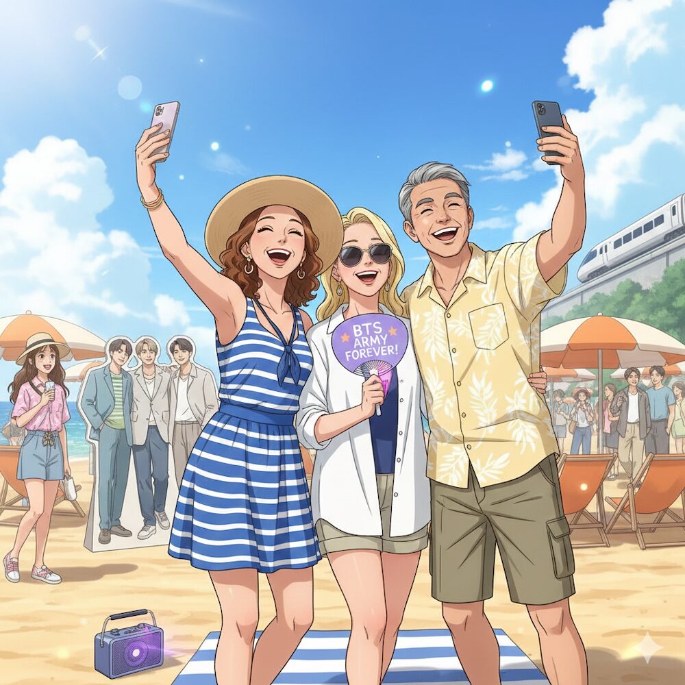 Three middle-aged foreign tourists enjoying their visit to a famous summer K-culture filming location on a beautiful Korean beach.