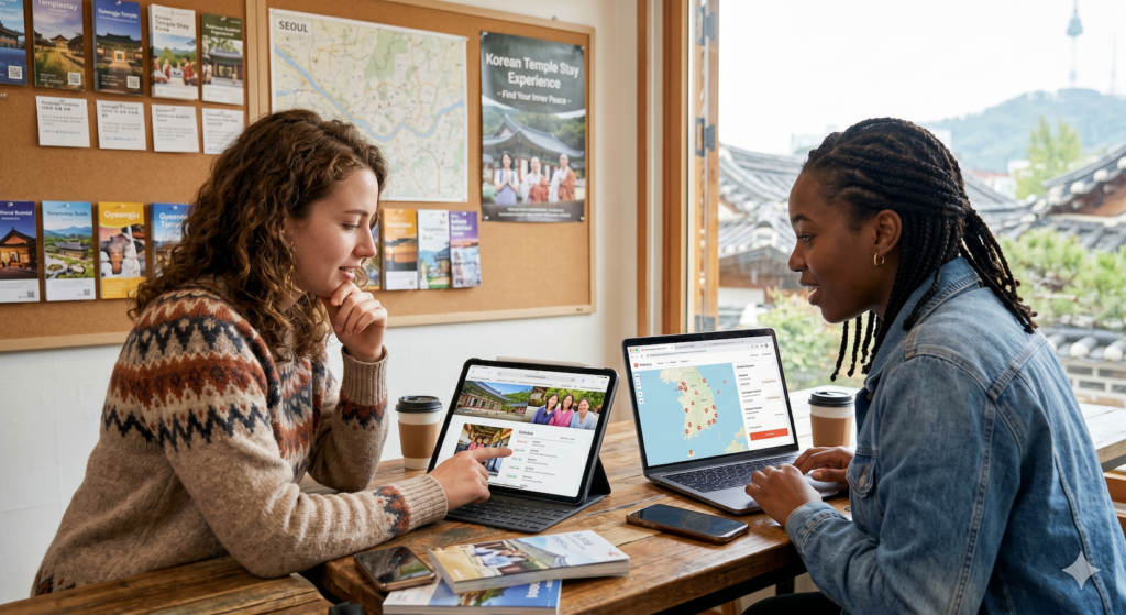 Foreign travelers planning a temple stay near Seoul with online booking information and temple brochures