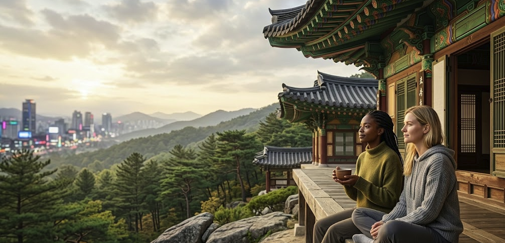 templestay-in-korea-mountain-temple-view Templestay in Korea experience with foreign visitors resting at a mountain temple overlooking the city
