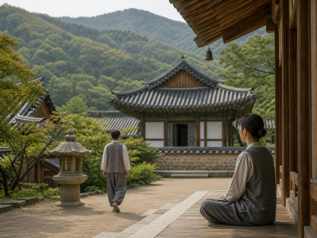 Templestay in Korea scene with visitors resting quietly in a traditional Buddhist temple courtyard